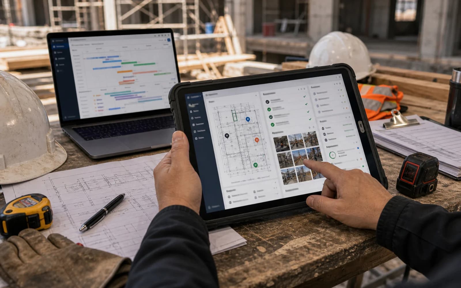 Software de avance y aprobación de obra abierto en tablet y notebook