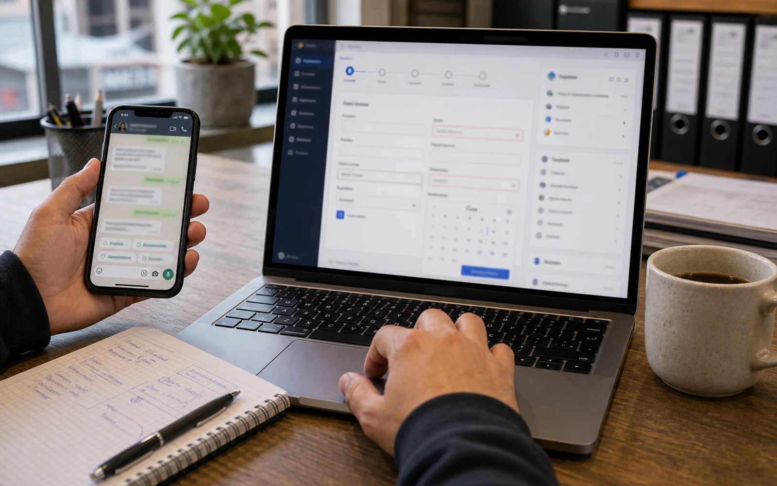 Chat comercial y formulario CRM abiertos en celular y notebook