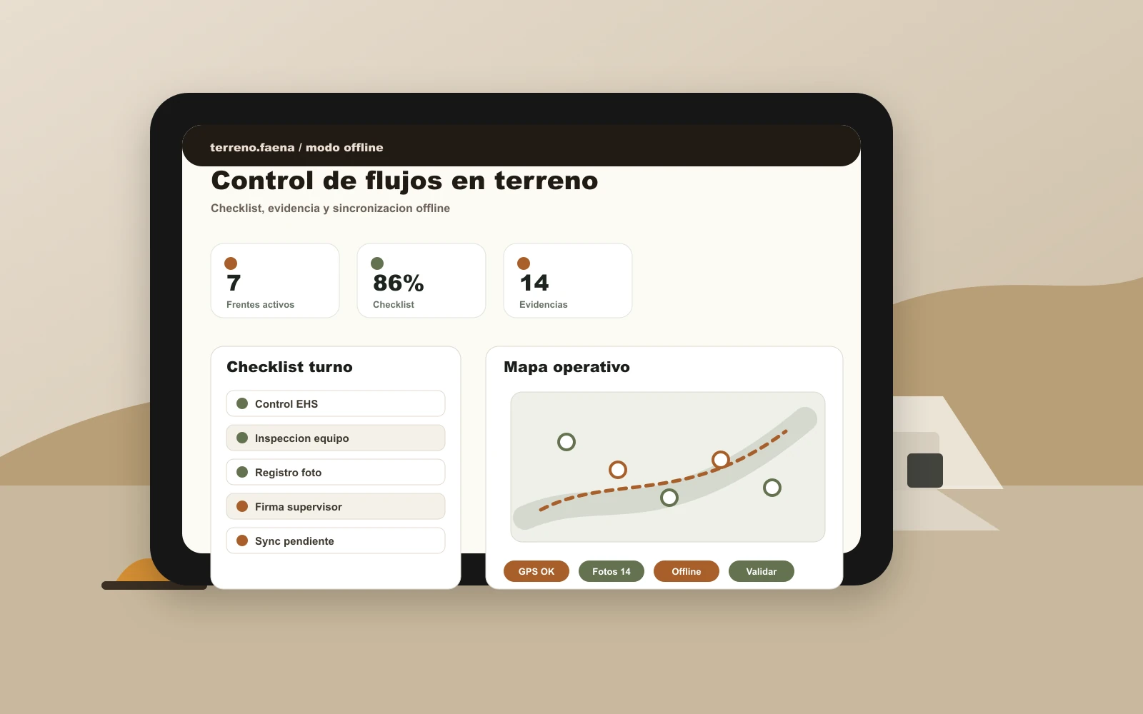 Aplicación minera de control de terreno abierta en tablet rugged
