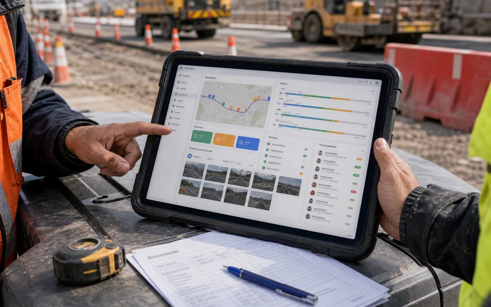 Aplicación de control vial con mapa, avances y evidencia en tablet