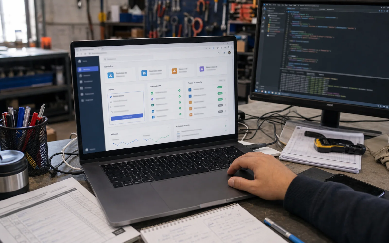 Software de servicios digitales en notebook junto a monitor con codigo