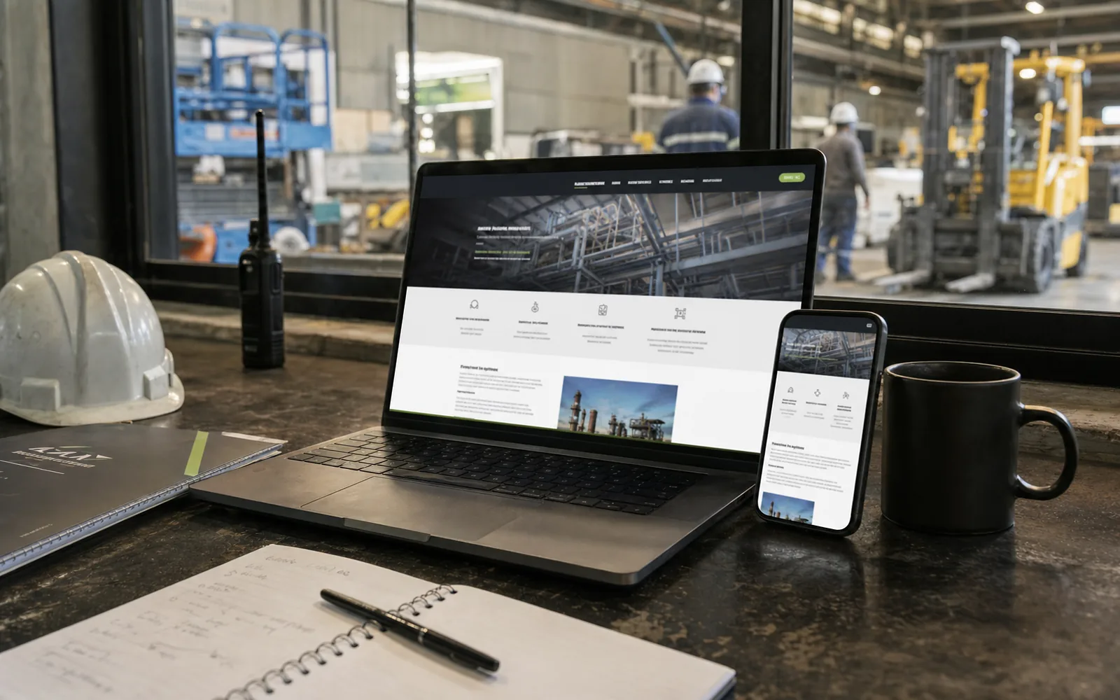 Web empresarial de una operación industrial en un notebook