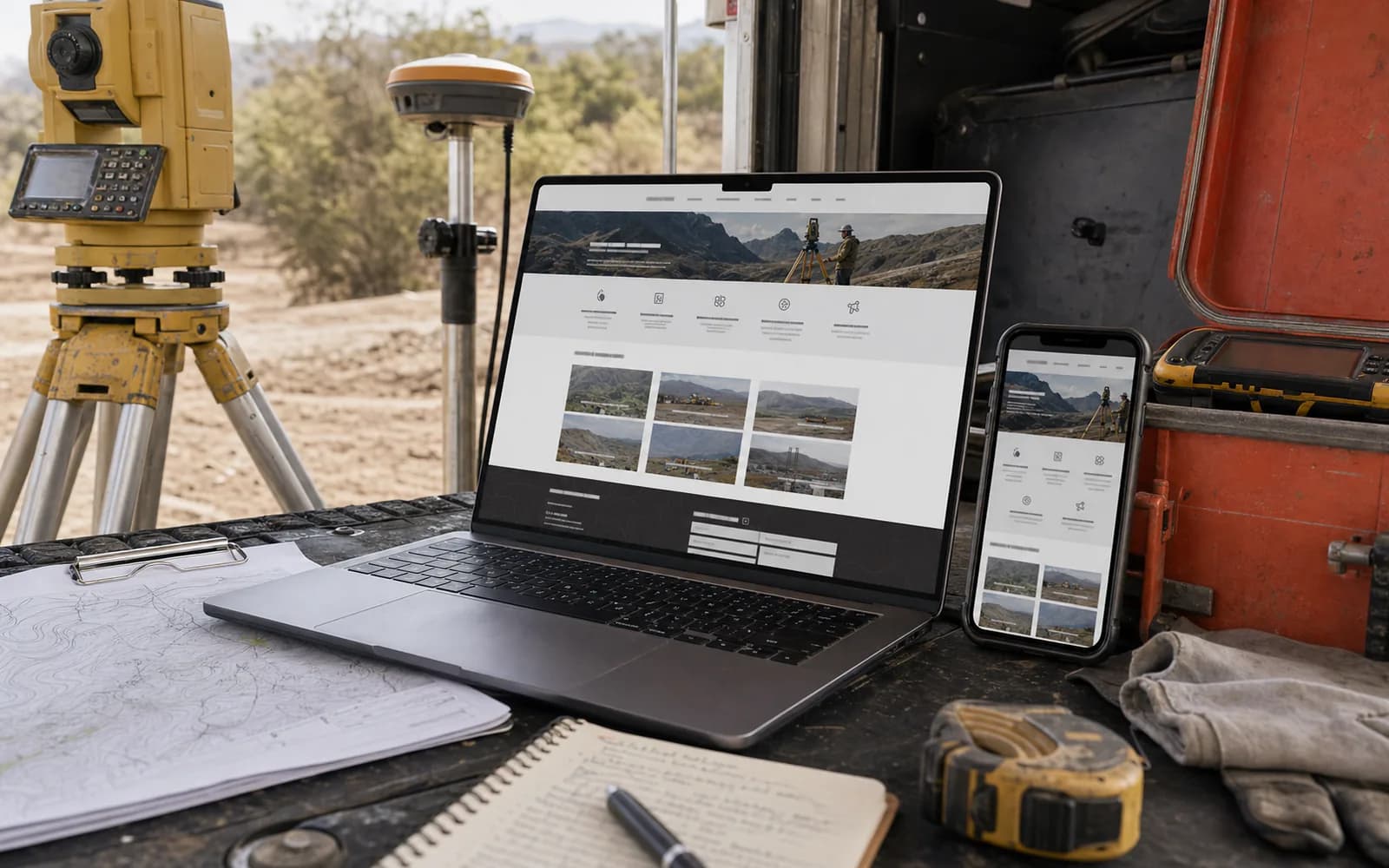 Web institucional de una empresa de topografía en un notebook